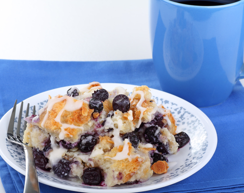 Blueberry Bread Pudding with Golden Sauce